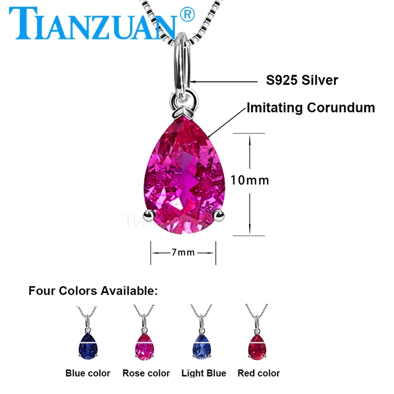 Fashion Rose Color 7x10mm Pear Simulation Corundum Pendant 925 Sterling Silver Necklace Jewelry for Women Gifts