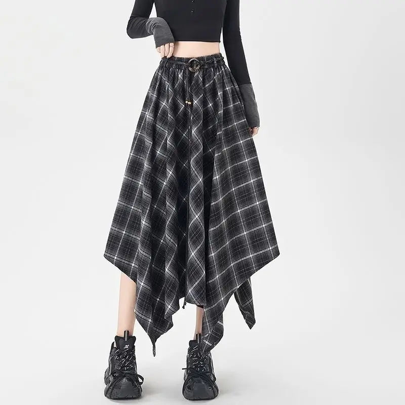 Gonne a portafoglio scozzesi vintage francesi per le donne Gonne lunghe a pieghe a vita alta autunnali Gonne lunghe irregolari Abbigliamento femminile