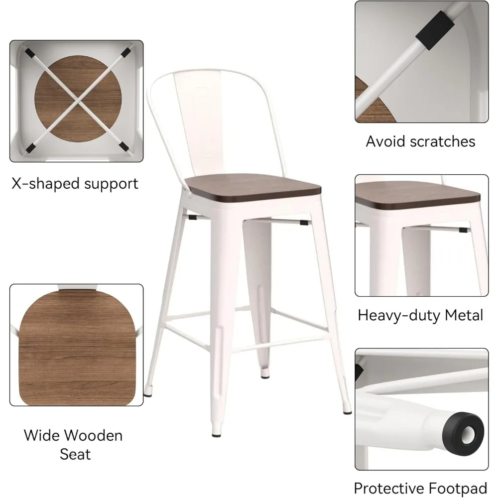 مقاعد بار معدنية بارتفاع عداد على الطراز الصناعي مع مقاعد خشبية، مجموعة من 4 قطع، 24 مرتفعة