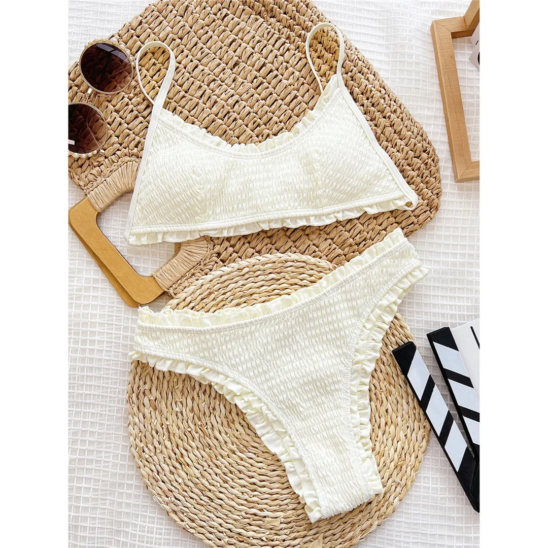 Frilled Babados Bikini para Mulheres, Enrugado, Mid Cintura, Swimwear Feminino, Maiô, Fato De Banho, Conjunto De Biquíni De 2 Peças, Banhista, Natação, V5844