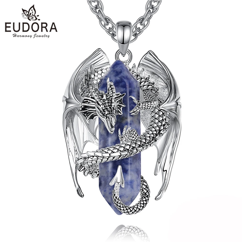 Eudora Dragon Twining Hexagonal Blue-vein Stone Prismatic Necklace Punk Healing Crystal Stone Pendant Jewelry for Women Man Gift