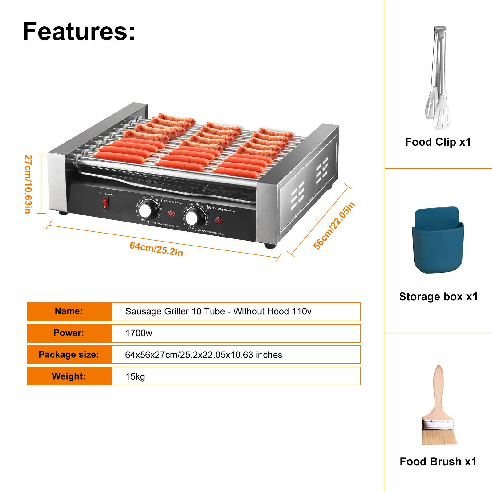 Commercial Hot Dog Roller 27 Hot Dogs 10 Rollers Electric Grill Roller Cooker 1700W Sausage Grill Cooker