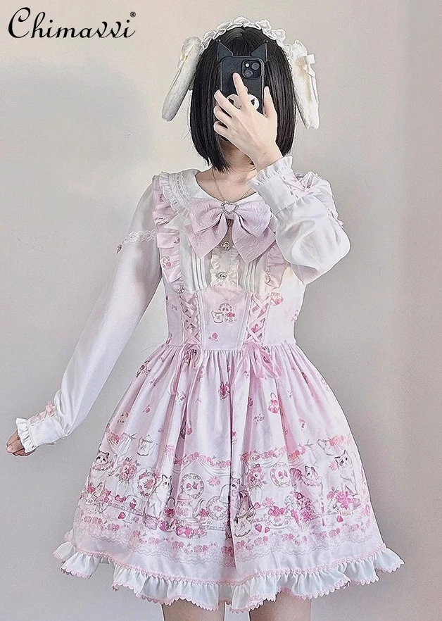 

Original Sweet Girl Long Sleeve OP Cute Print Lolita Dress Japanese Mass-Produced Kawaii Elegant Short Princess Dresses Women