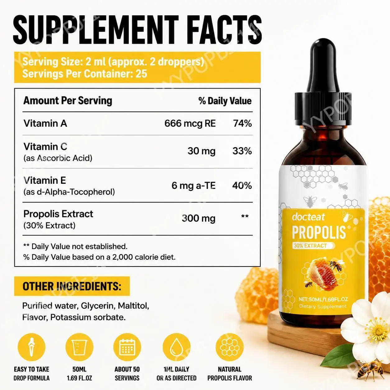 Docteat Propolis Liquid Drops 30% Extract with Vitamin A Vitamin C Vitamin E for Skin & Mucous Health Antioxidant Care 50 ML
