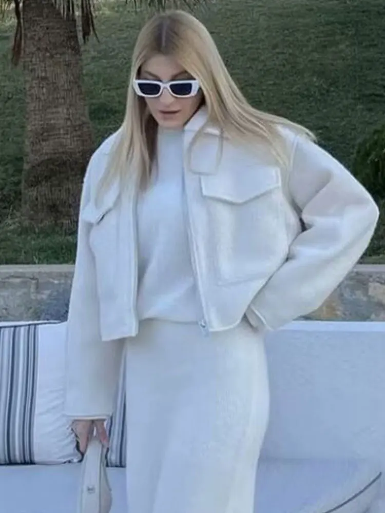 Veste solide à manches longues pour femme, Cardigan à revers, poches zippées, vêtements d'extérieur décontractés sauvages, manteau ample de rue, printemps 2024