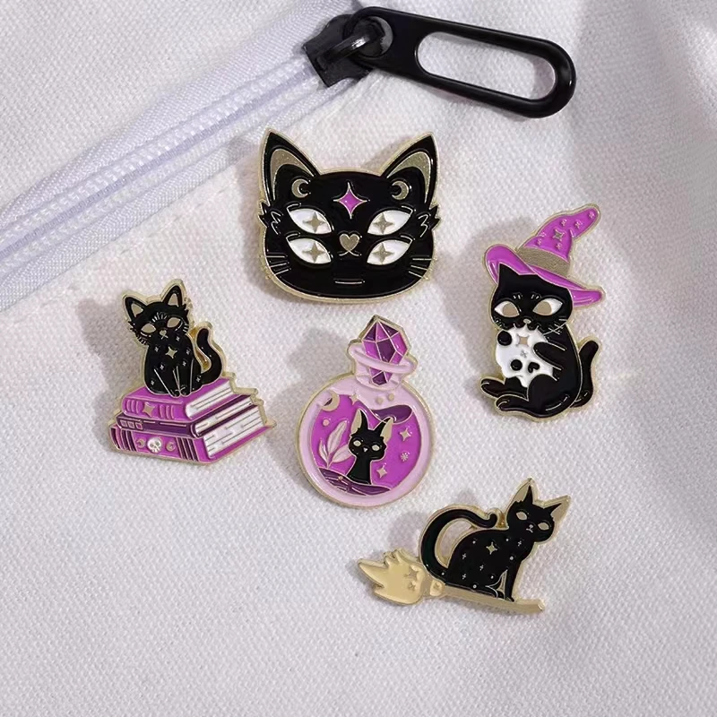 Pin Club | Punk Witch Cat Custom Brooch Gothic Magic Potion Book Hat Halloween Clothing Accessorie Animal Badges Gifts Wholesale