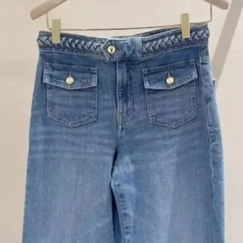 

Spring/Summer Women Braided High Waist Button Patch Pocket Zipper Straight Denim Pants Elegant Wide Leg Pants