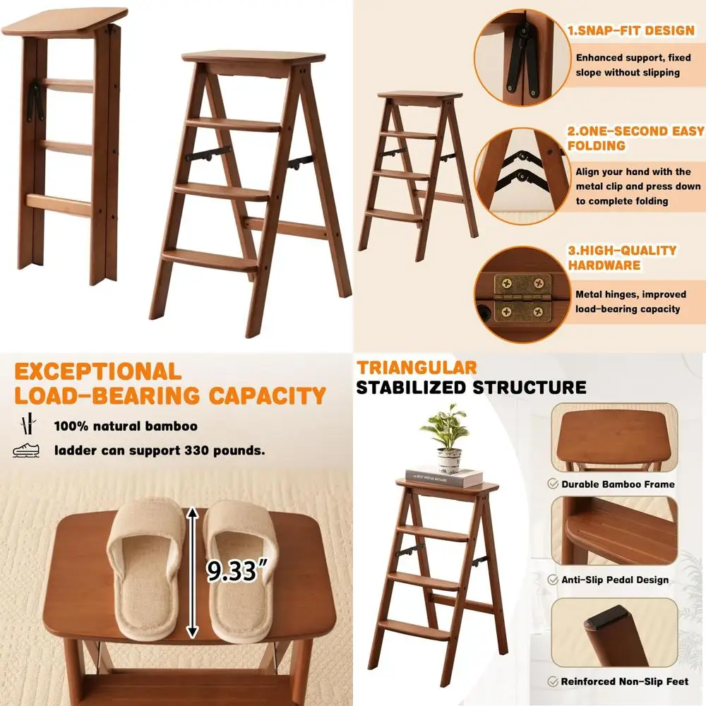 

Folding 4-Step Bamboo Ladder - Lightweight, Anti-Slip, 3-in-1 Multipurpose Stool for Kitchen & Office (Brown, 250lbs)