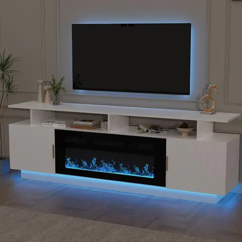 70'' Fluted TV Stand with 36'' Electric Fireplace - 23'' High Entertainment Center, Changeable LED Light, Power Outlet, Fits TVs