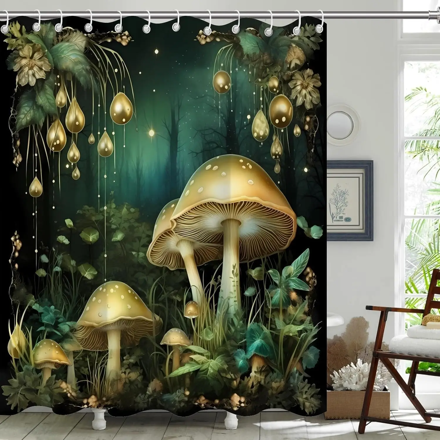 

Симпатичные зеленые грибные занавески для душа, забавные растительные ботанические занавески для ванной, грибной декор для ванной комнаты, водонепроницаемый полиэстер