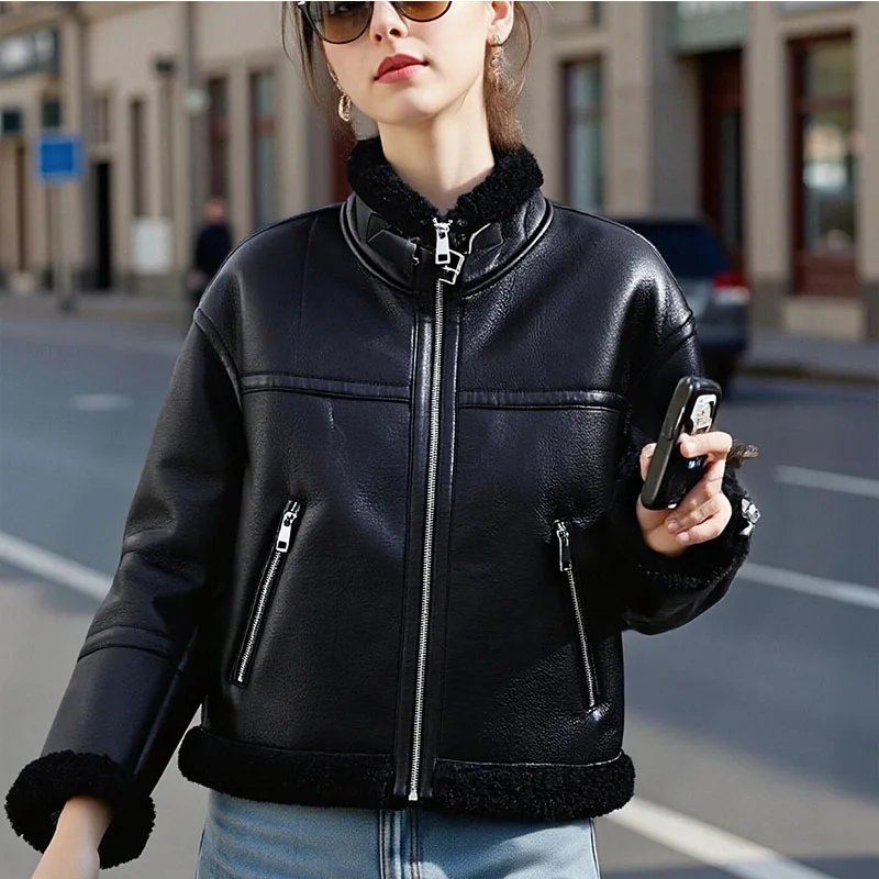 

2025 Winter New Women's Fashion European and American Style Simple Stand Collar Double-Sided Fleece Versatile Loose Jacket