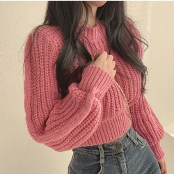 Aged Pink Bubble Sleeves Soft Glutinous Sweater Women's Autumn and Winter Fashion Sister Style Loose Pullover Knitted Top