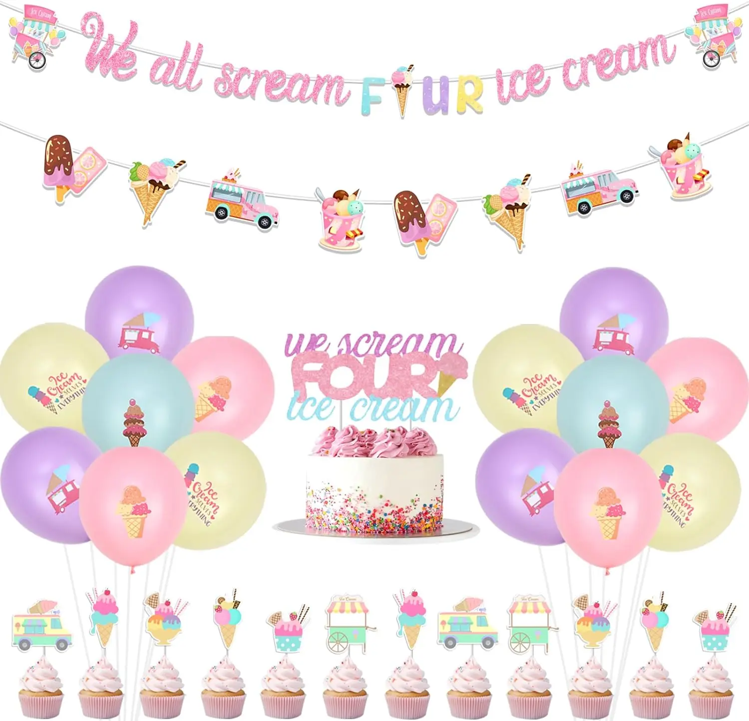 

We All Scream Four Ice Cream Banner Garland 4th Birthday Decor Glitter Cake Topper for Summer Ice Cream 4th Birthday Decor Girl