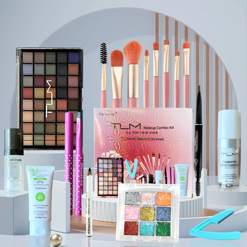 1박스 TLM 초보자 연습용 아이 메이크업 세트 여성용 풀 키트 세트, 올인원 메이크업 세트 (리퀴드 파운데이션, 아이브로우, 아이섀도우 포함)