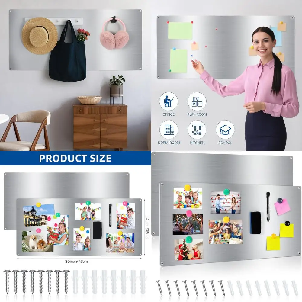 لوح مسح جاف مغناطيسي من الفولاذ المقاوم للصدأ، 30 × 14 بوصة، سهل التركيب للمنزل والمكتب وعرض الثلاجة