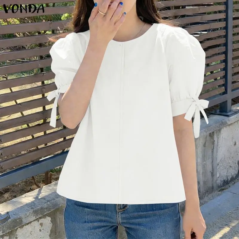 

VONDA Elegant Office Blouse Women Fashion Short Sleeve Tops Tunic Sexy Summer Ladies Puff Sleeve Oversize Blusas Femininas Shirt