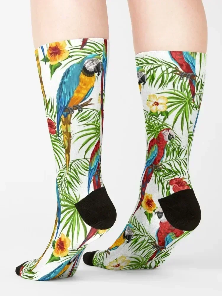 Macaws and Hibiscus Flowers - Exotic Tropical Birds Painting Socks halloween funny sock Sports Hiking boots Socks Women's Men's