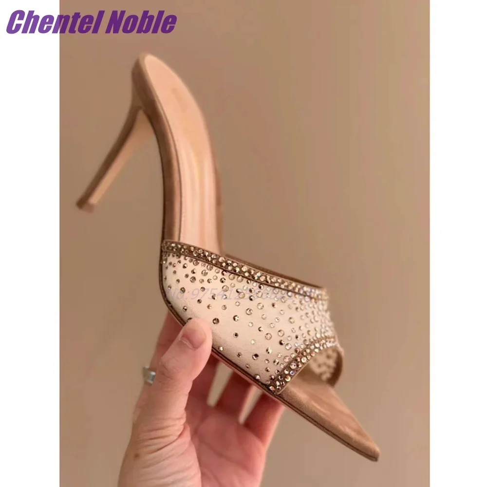 Rhinestone Organzas Slippers Apricot Pointed Open Toe Gentle Women Shoes Summer Dress Leather Fashion Stiletto New Arrival