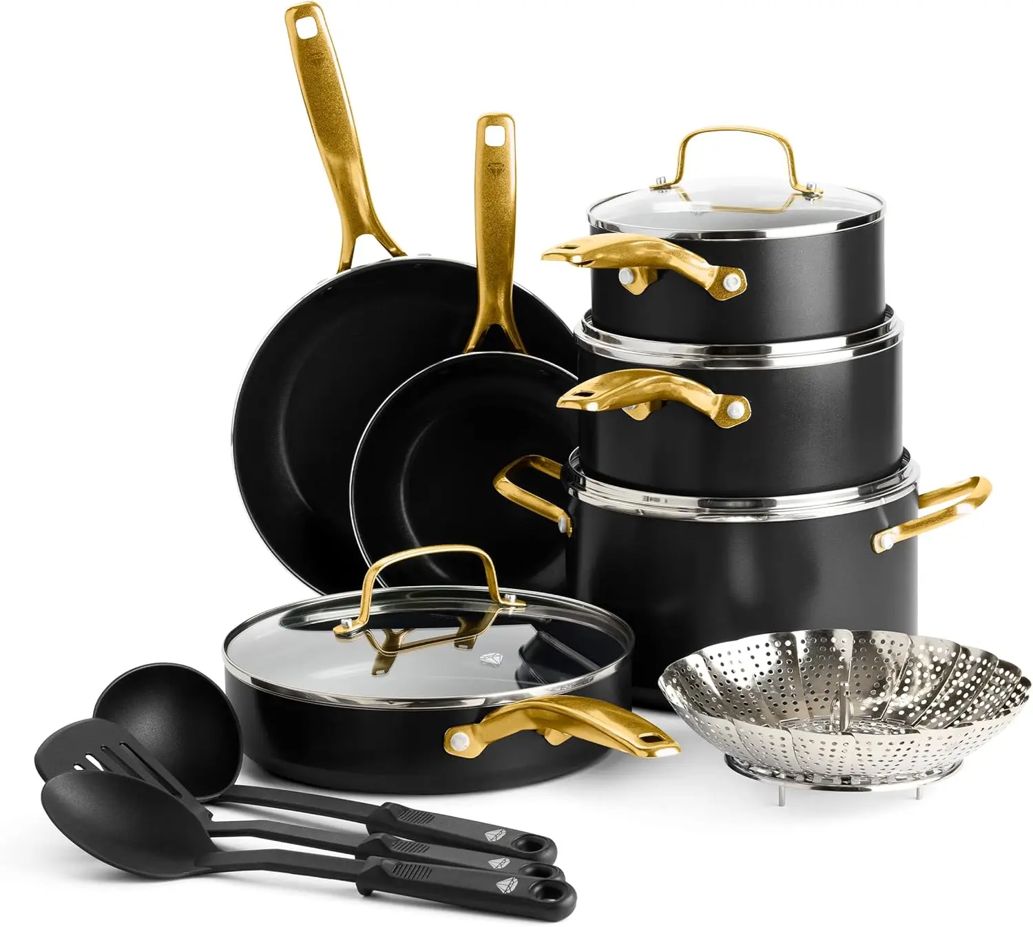 

Gold 14 Piece Cookware Pots and Pans Set Induction Suitable Diamond Infused PFOA/PFAS-Free Ceramic Nonstick