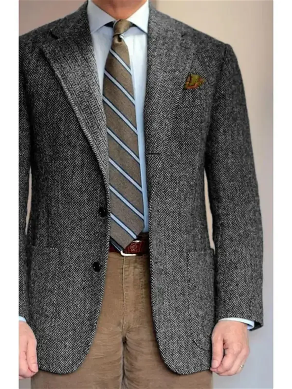 1 Pieces Men\'s Suit Grey Blazer Prom Groom Tuxedos Herringbone Wool Tweed Single Breasted Formal Bussiness Jacket for Wedding