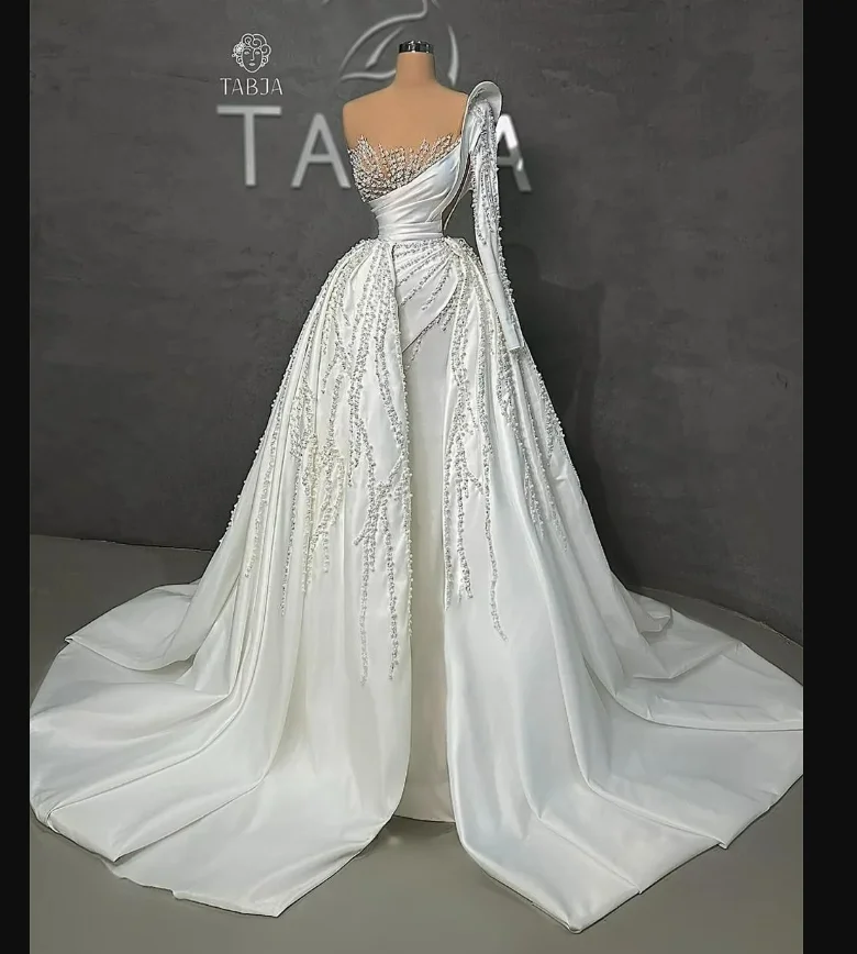 Customized See Through Shinny Pearls Beads Wedding Dress Vestidos De Casamento  Long Sleeves Bridal Gown with Removable Skirt