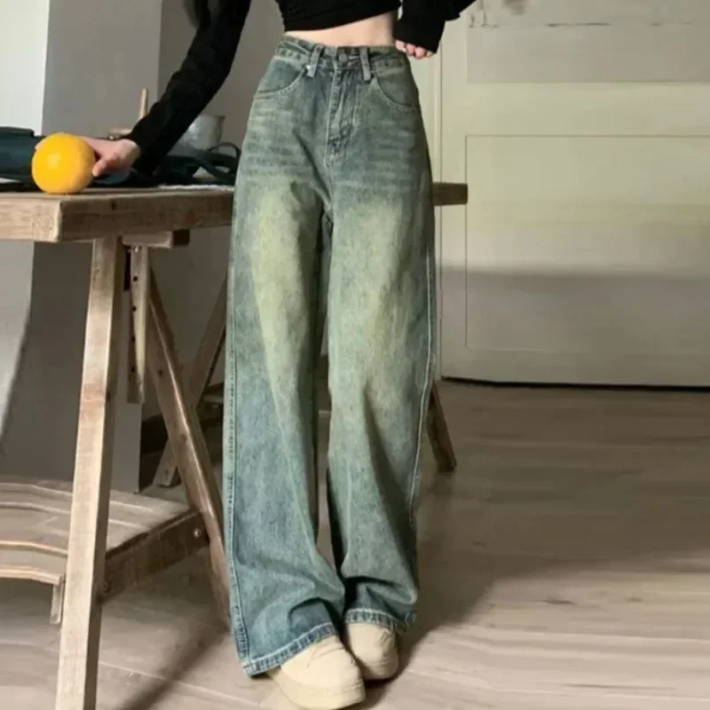 Vintage Jeans Women Irregular High Waist Slimming Wide Leg Mop Long Pants Fashion Blue Baggy Jeans Y2K Streetwear Pants