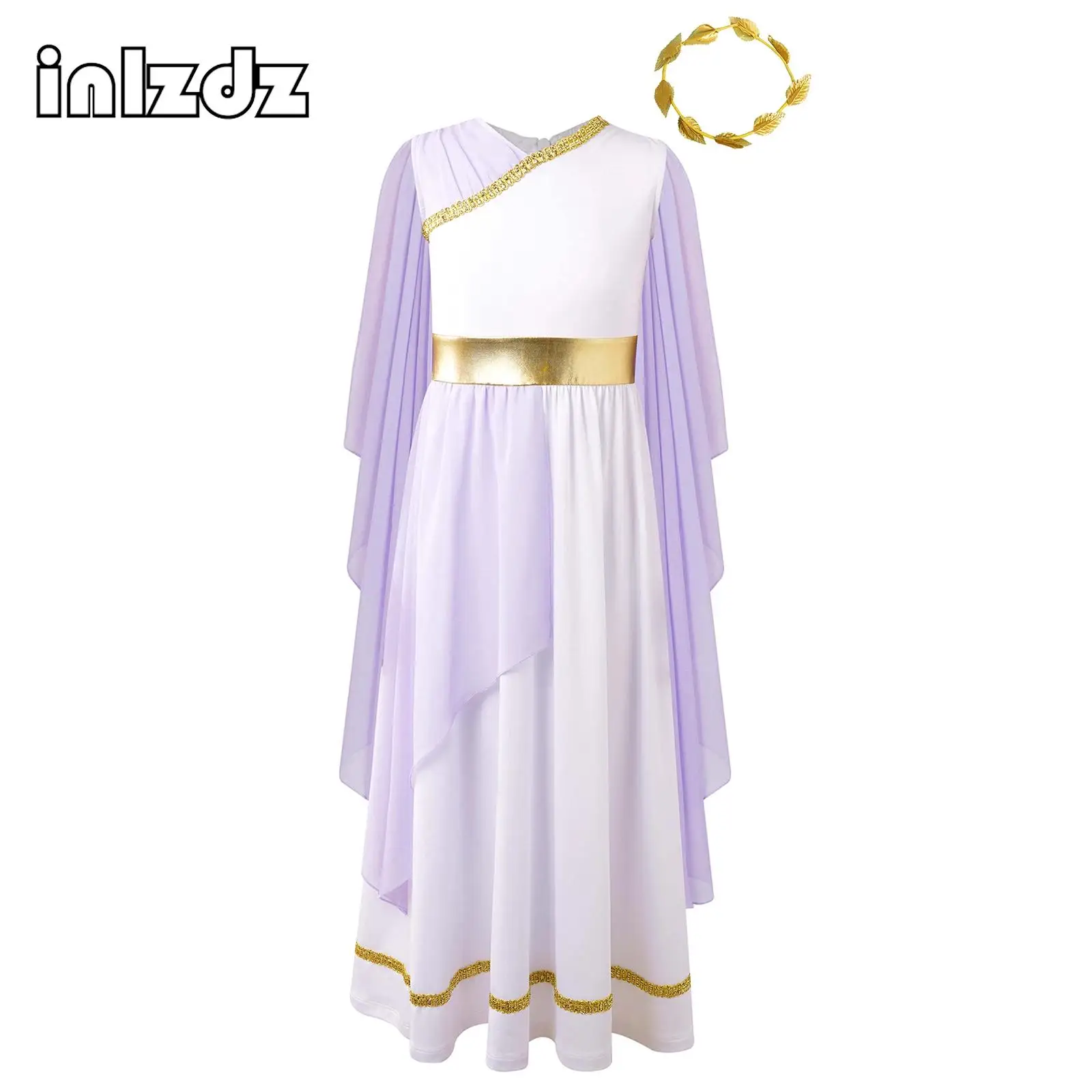 Girls Grecian Toga Costume Outfits Ancient Greek Deity Flowy Tulle Gown Dress Princess Long Robe for Halloween Performance Party