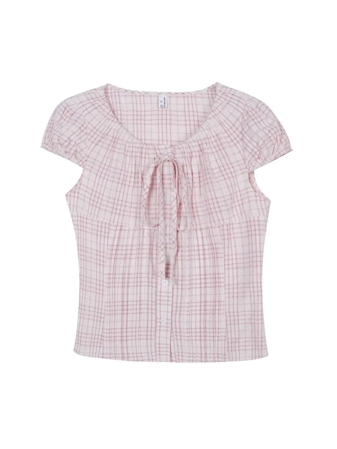 Lace-up Short Sleeve Bow Camisa Sweet Pink Plaid Streetwear Chemises Femme Bandage Preppy Style O Neck Women Shirts Y2k