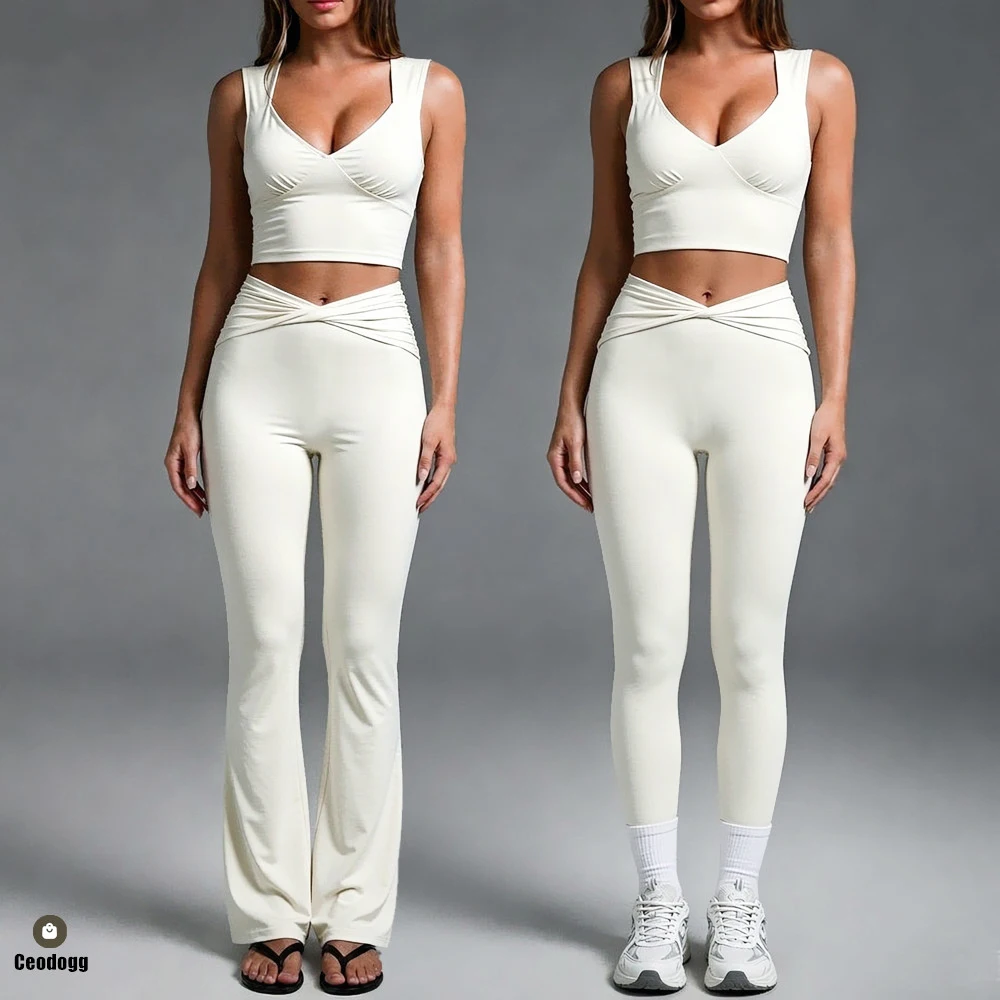 2PCS Women Yoga Set Workout Pant Outfits Fitness Sportswear Gym High Waist Flare Leggings Sports Bra Athletic Tracksuit XP238