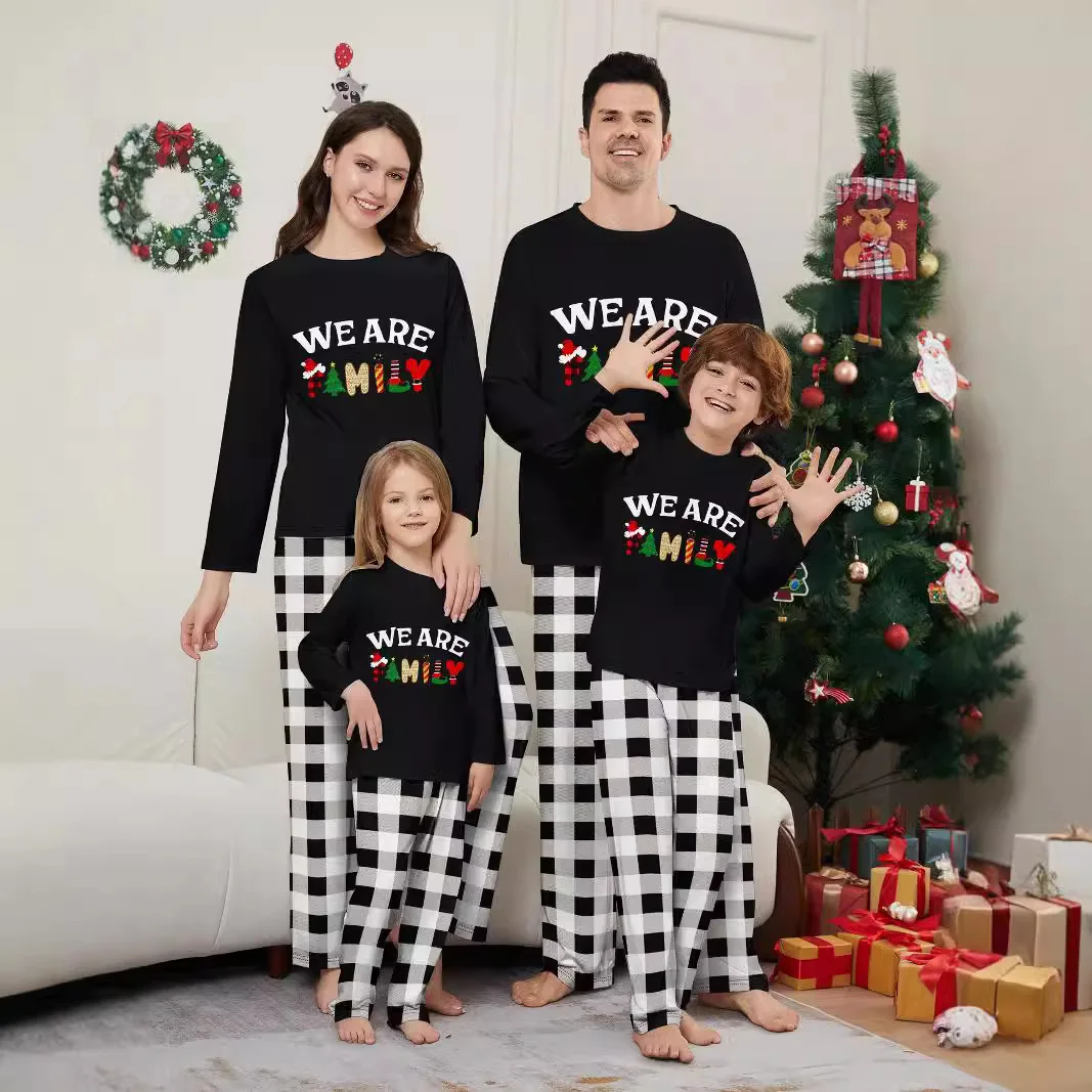 

2025 New Christmas parent-child Set for autumn and winter: Long-sleeved black and white checkered home wear with letter prints