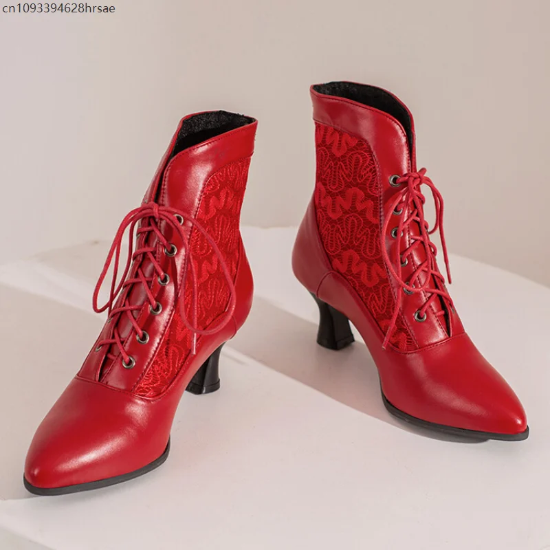 Vrouwen Victoriaanse Enkellaarsjes Lederen Kant Hak Schoenen voor vrouwen Mode Lace Up Gesplitste Dames Hoge Hakken Vrouw Laarzen Enkel 46