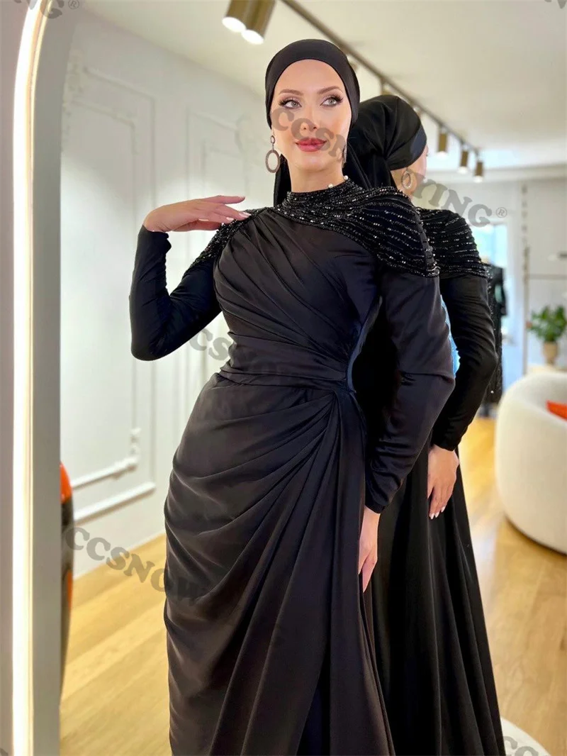 

Fashion Muslim Evening Dresses Satin Appliques Beading High Neck Rode De Soire Arabic Dubai Kaftan Long Sleeve Formal Party Gown