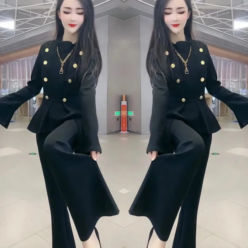 

Elasticity 2023 Spring Autumn New Royal Sister Style Fashion Set Slim Fit Slim Top+Micro Flare Pants Set Two Piece Set Black Lad