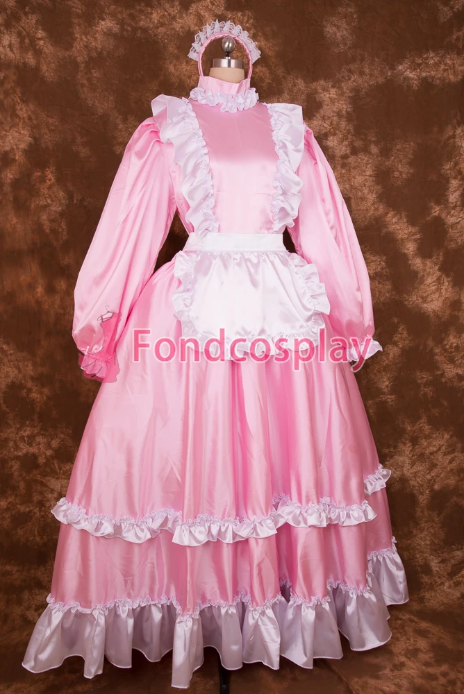 fondcosplay adult sexy cross dressing sissy maid long Lockable baby Pink Satin Dress white apron Costume Uniform[S008]