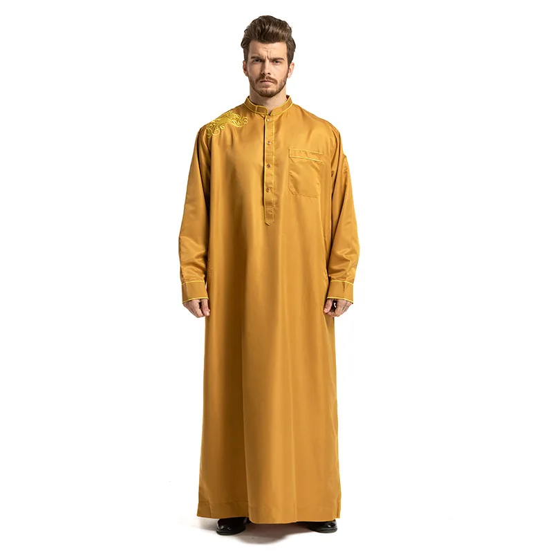 Men Middle East Muslim Ethnic Embroidery Long-sleeved Loose Stand-up Collar Robe Men