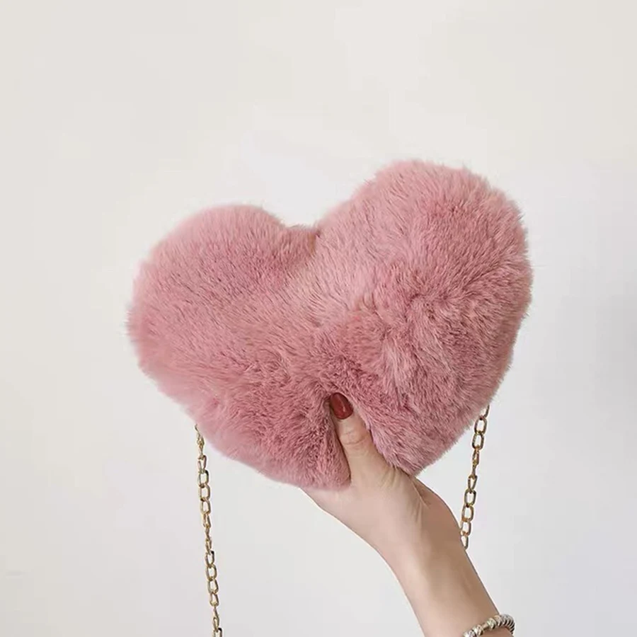 Fashion Fluffy Women's Heart Shaped Handbags Cute Kawaii Faux Fur Crossbody Bags Wallet Purse Plush Chains Shoulder Bag Handbags