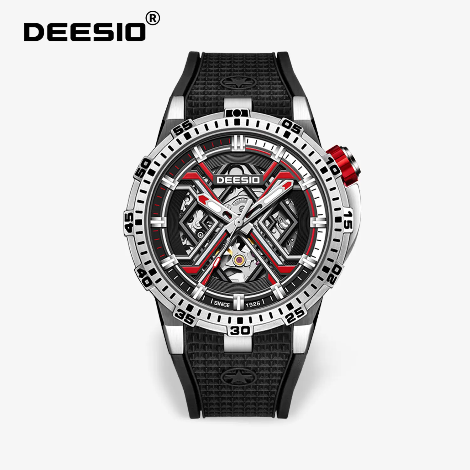 Deesio Herren-Armbanduhr, automatisch, mechanisch, Skelett, Gummiband, 50 m wasserdicht, Edelstahlgehäuse, luxuriöses Designer-Geschenk für Männer