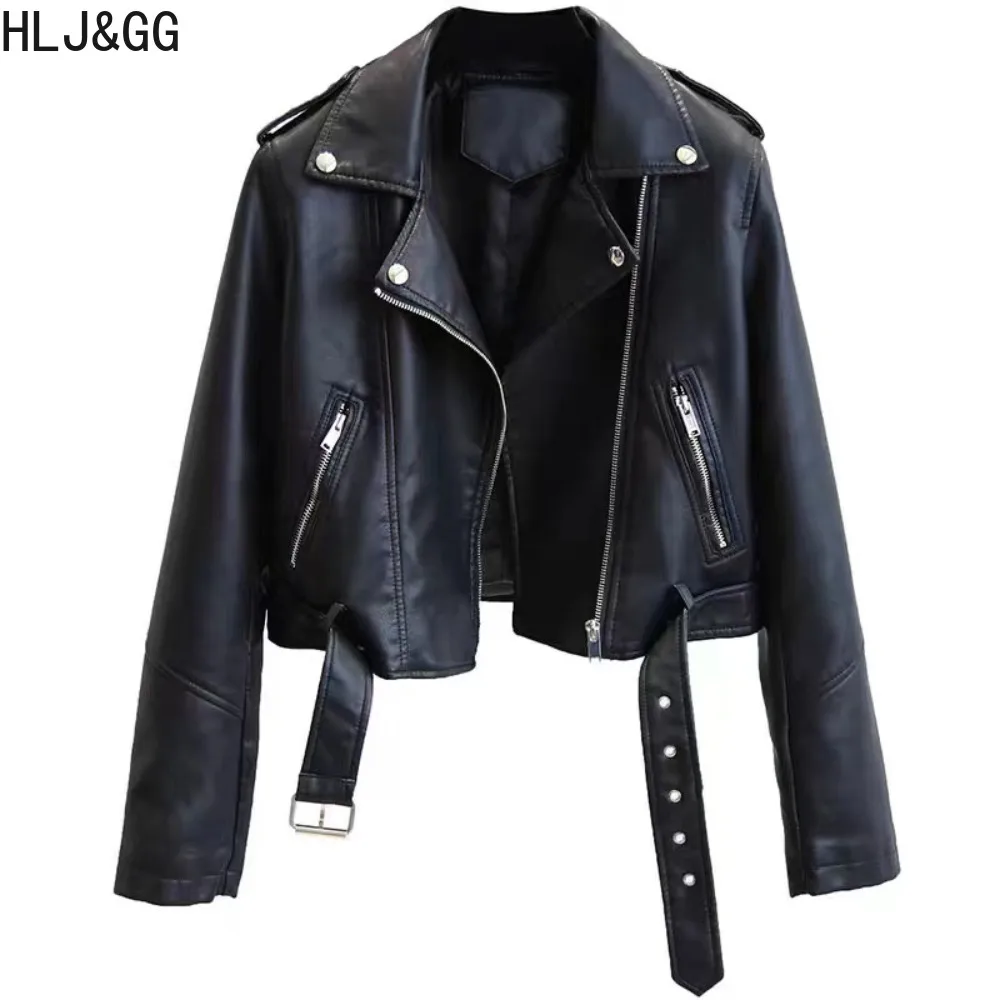 HLJ & GG سترة جلدية ربيعية للنساء مع طية صدر السترة وأكمام طويلة وسحاب معاطف قصيرة فضفاضة موضة ملابس نسائية متينة ملابس الشارع الشهير 2026