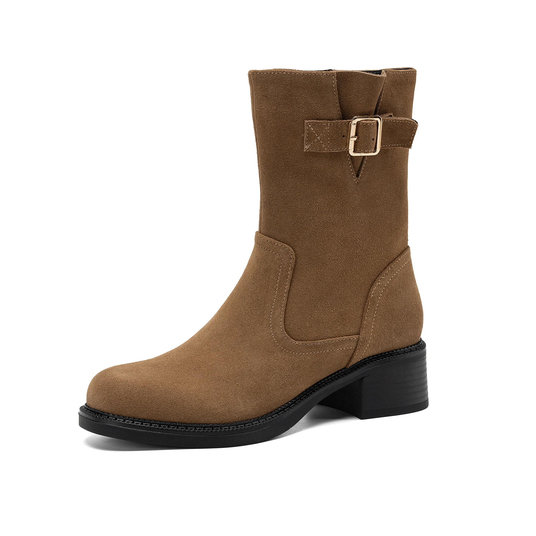 Plus Size 34-42 Cow Suede Round Toe Med Heels Modern Western Boots Warm Winter Shoes Catwalk Elegant Brand Women Mid-calf Boots