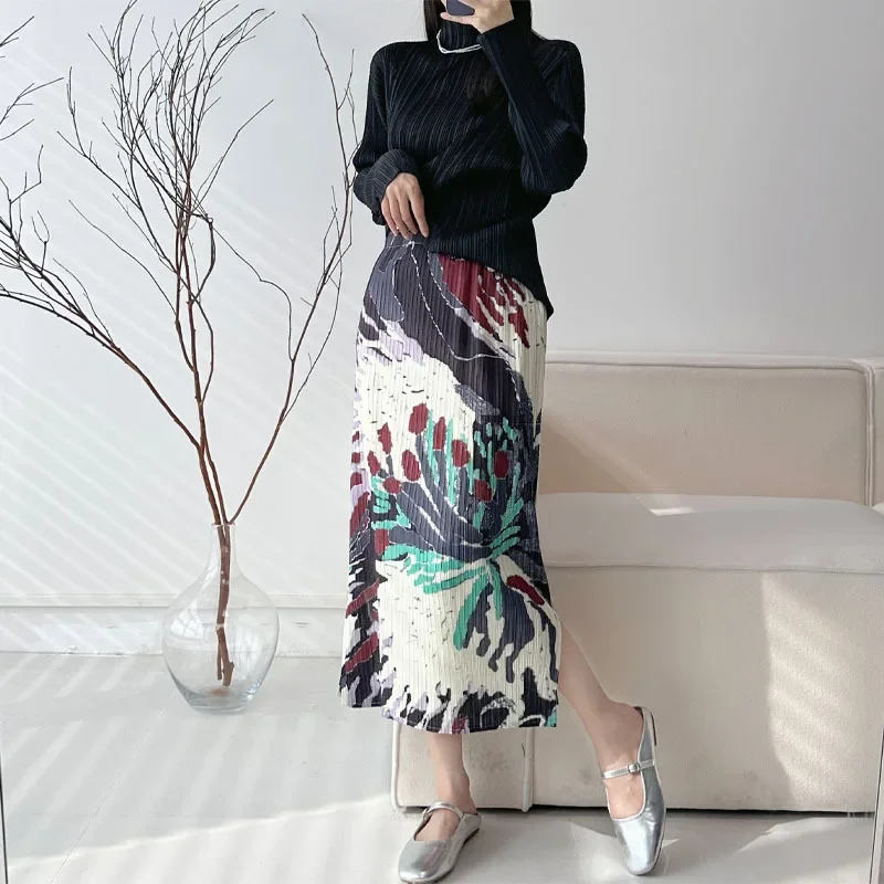 Miyake Fold New Frost Flower Printed Half Length Skirt Fashionable Retro Printed Split Mid Length Half Length Skirt Women 2024