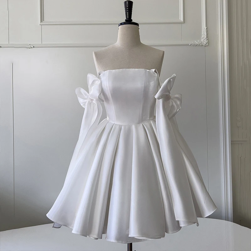 Robes de mariée en satin pour femmes, robe de soirée élégante, mini jupe sexy, robe de soirée simple, nœud papillon doux, 2024