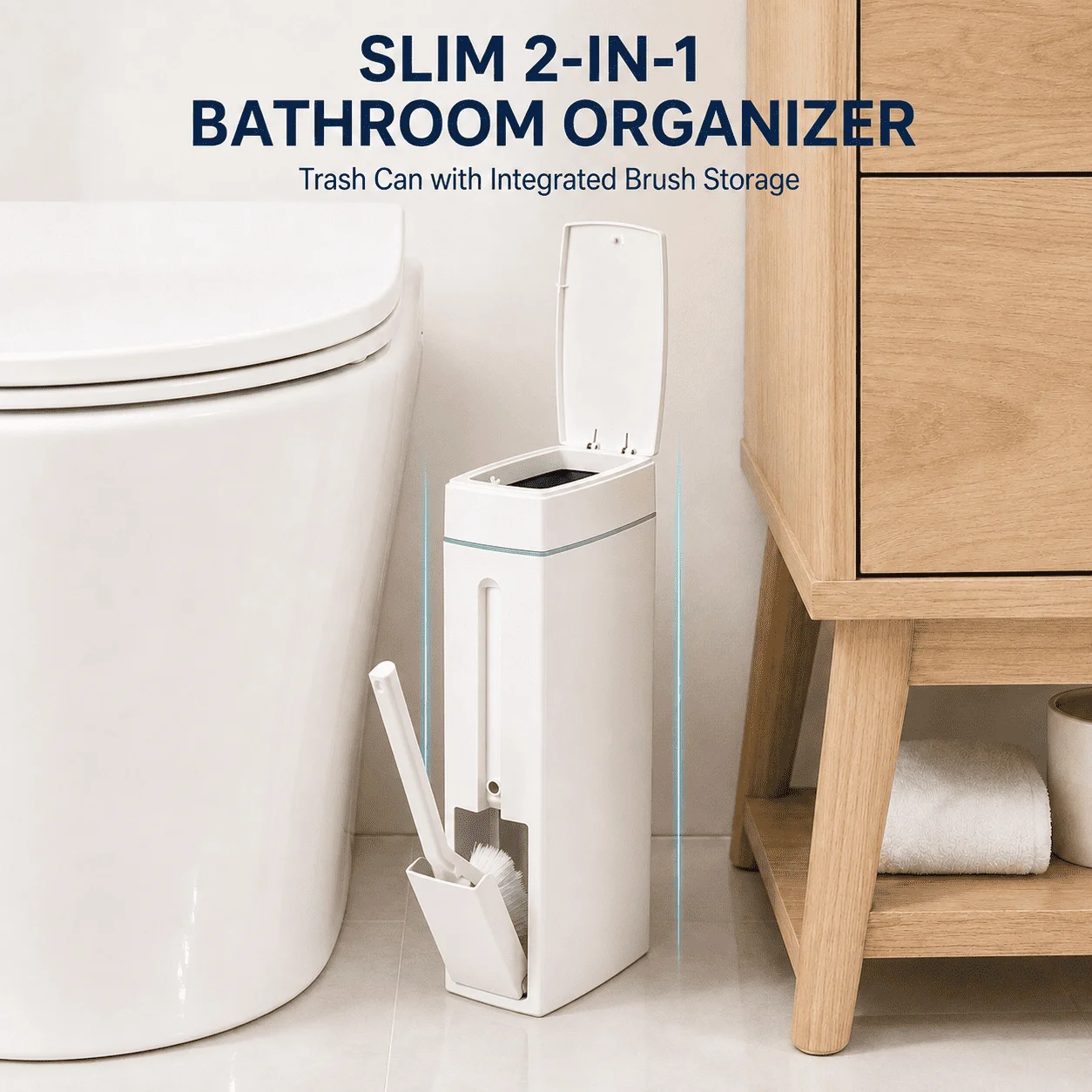 Bathroom Trash Can with Toilet Brush, Push-Button Switch, and Lid—a minimalist trash can suitable for home and public restrooms.