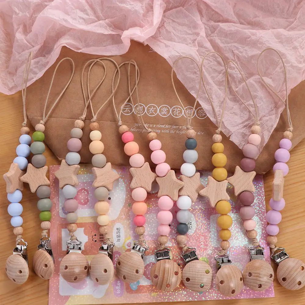 Soother Holder Nipple Holder Clips Children Wood Baby Teether Toys Straps Baby Pacifier Chain Pacifier Holder Clips Dummy Clips