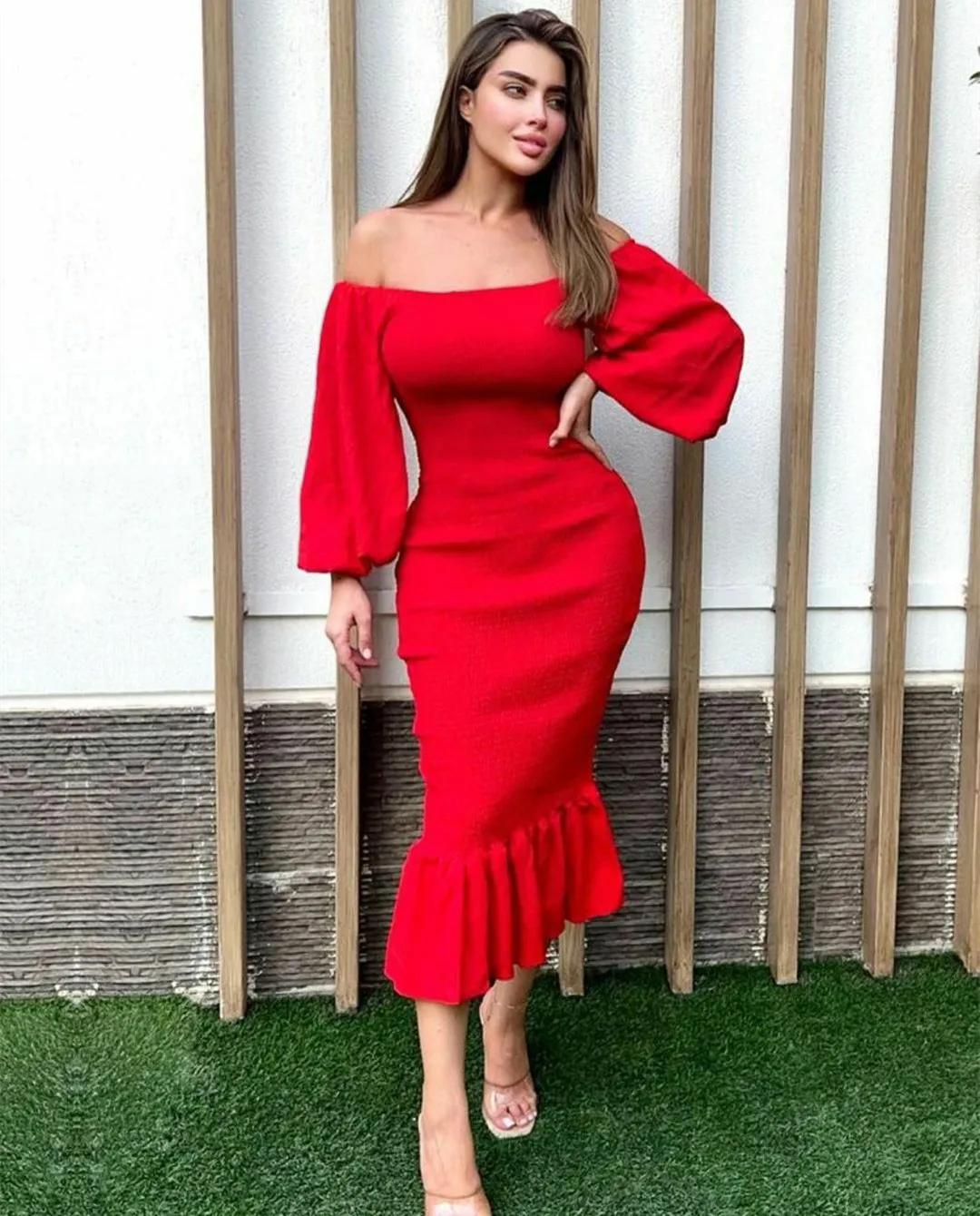 Braut affäre elegante kurze rote Crêpe Abendkleider mit Rüschen Meerjungfrau Boot Hals Tee Länge Reiß verschluss Robe de Mariée Party kleid