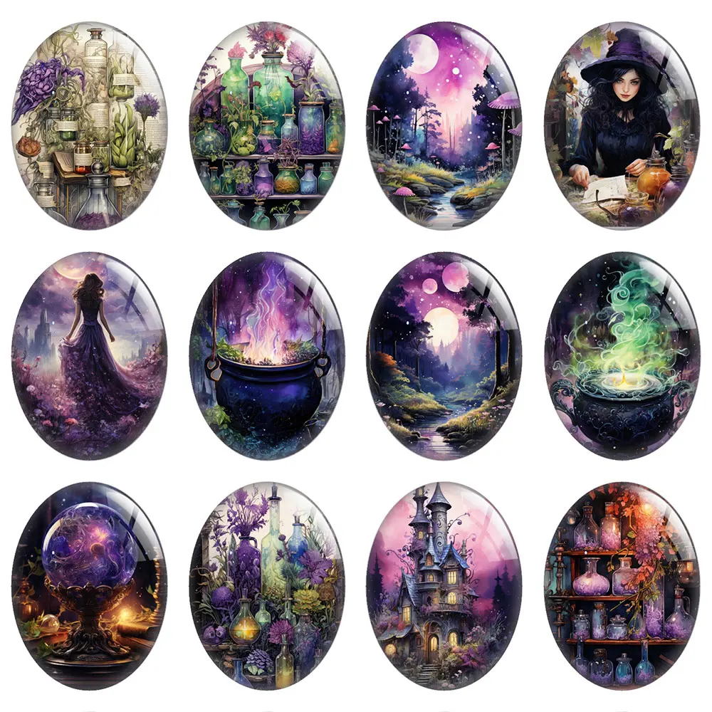 10pcs/lot Halloween Gothic Purple Wizard Witch Potions Cauldron Oval Photo Glass Cabochon Flatback Demo Cameo Diy Jewelry Making