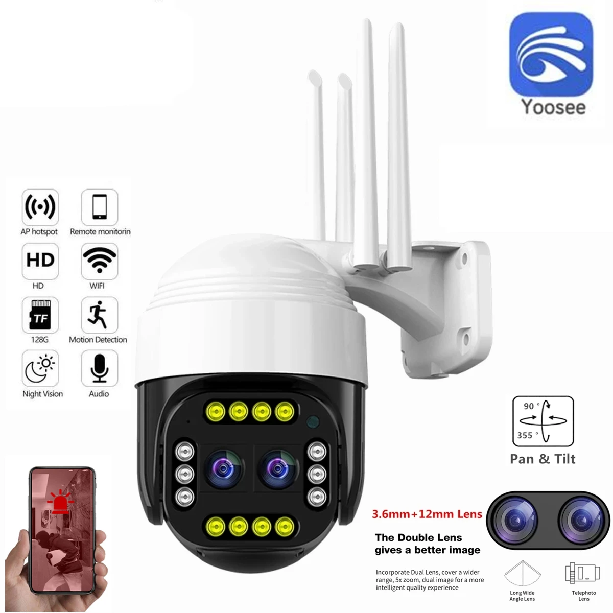 

Yoosee 2MP Waterproof Wireless IP Dome Security Camera Dual Lens 2.8 12MM Two Way Audio Video Surveillance WIFI Infrared Camera