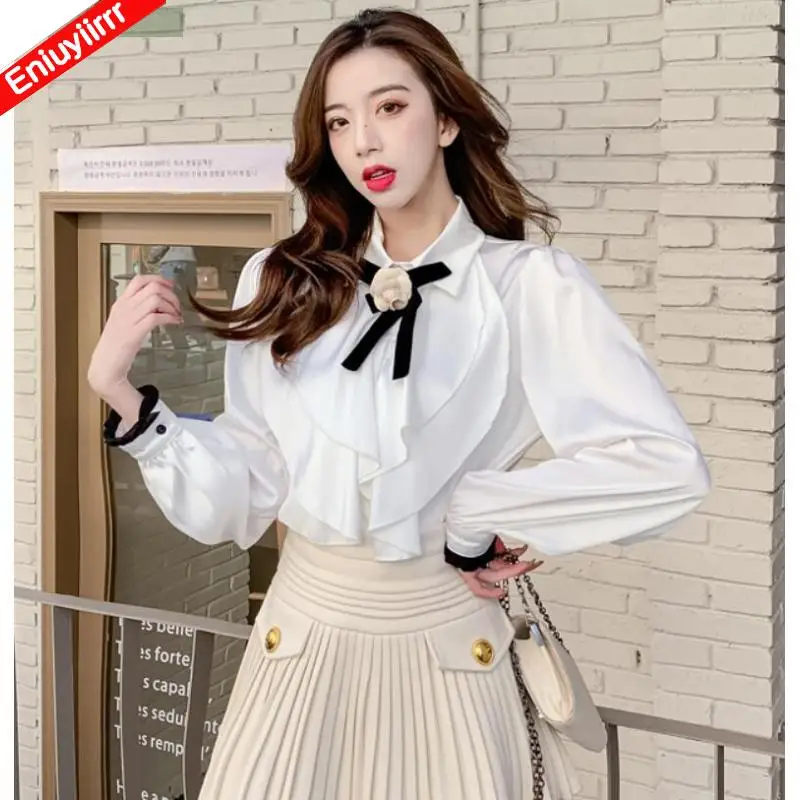 Hot Sales Women 2023 Summer Elegant Office Lady Bow Tie Shirts Casual Retro Vintage Ruffles Basic White Tops Blouses