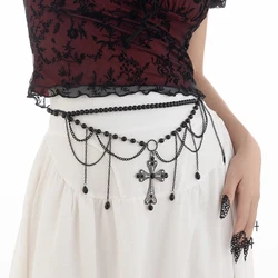 IngeSight.Z Elegant Temperament Black Crystal Cross Pendant Waist Belly Chain for Women Gothic Halloween Body Chain Jewelry Gift