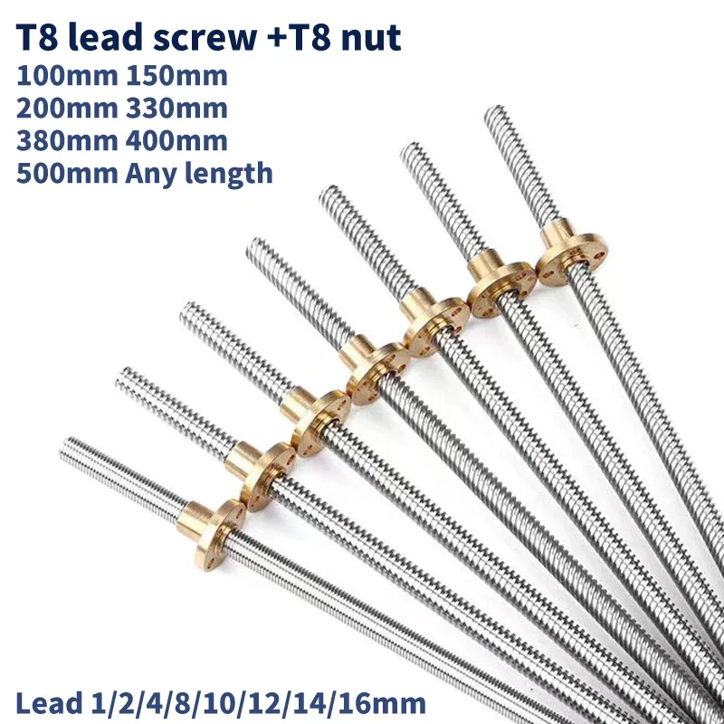 T8 8mm Trapezoidal Stainless Steel Threaded Rod Lead Screw & Brass Nut for 3D Printer 80/117/130/132/190/350/380/500mm Length