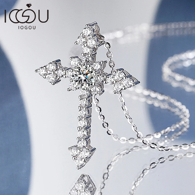 

IOGOU 0.5/1CT D VVS1 Moissanite Cross Pendant Necklace for Women Men Christian Real 925 Sterling Silver White Gold Jewelry Gifts